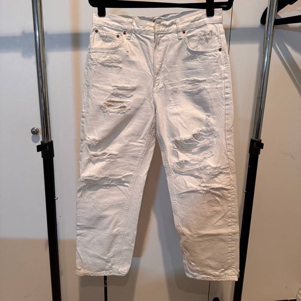 Zara Relaxed White Distressed Jeans